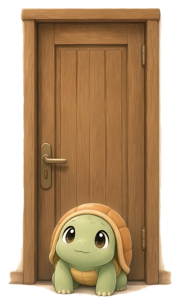 A small turtle looking up at a huge door